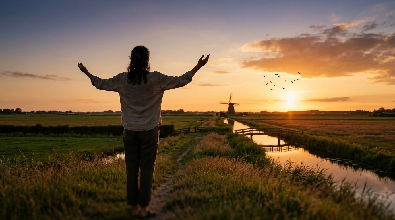 Anoniem silhouet bij zonsondergang in Nederlands landschap, actieve levensstijl
